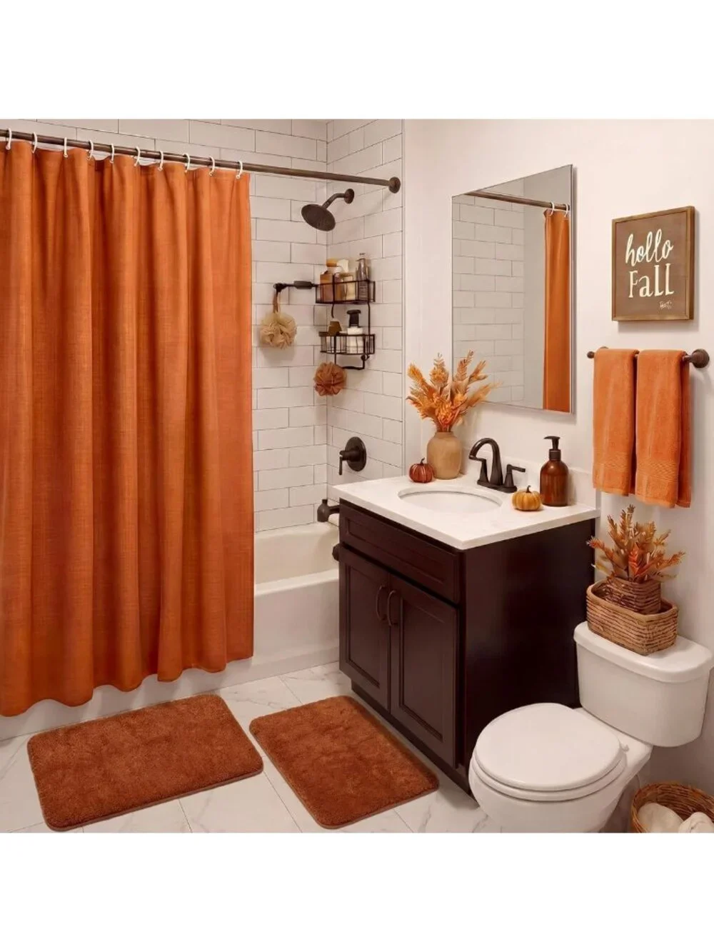 Autumn Bathroom Decor Set - 5 Pcs Fall Shower Curtain, Rugs, Towels & Hooks
